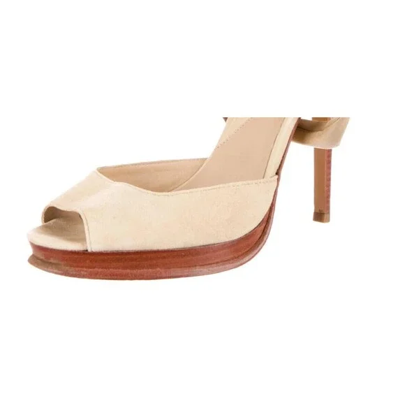 DESIGNER DIANE VON FURSTENBERG BEIGE SUEDE SATIN RIBBON ANKLE STRAP SANDALS 8.M - Picture 6 of 12
